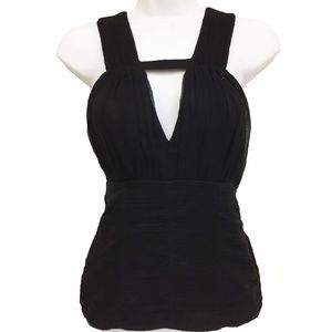 BEBE Silk Top Black Keyhole Banded Ruched Sz S